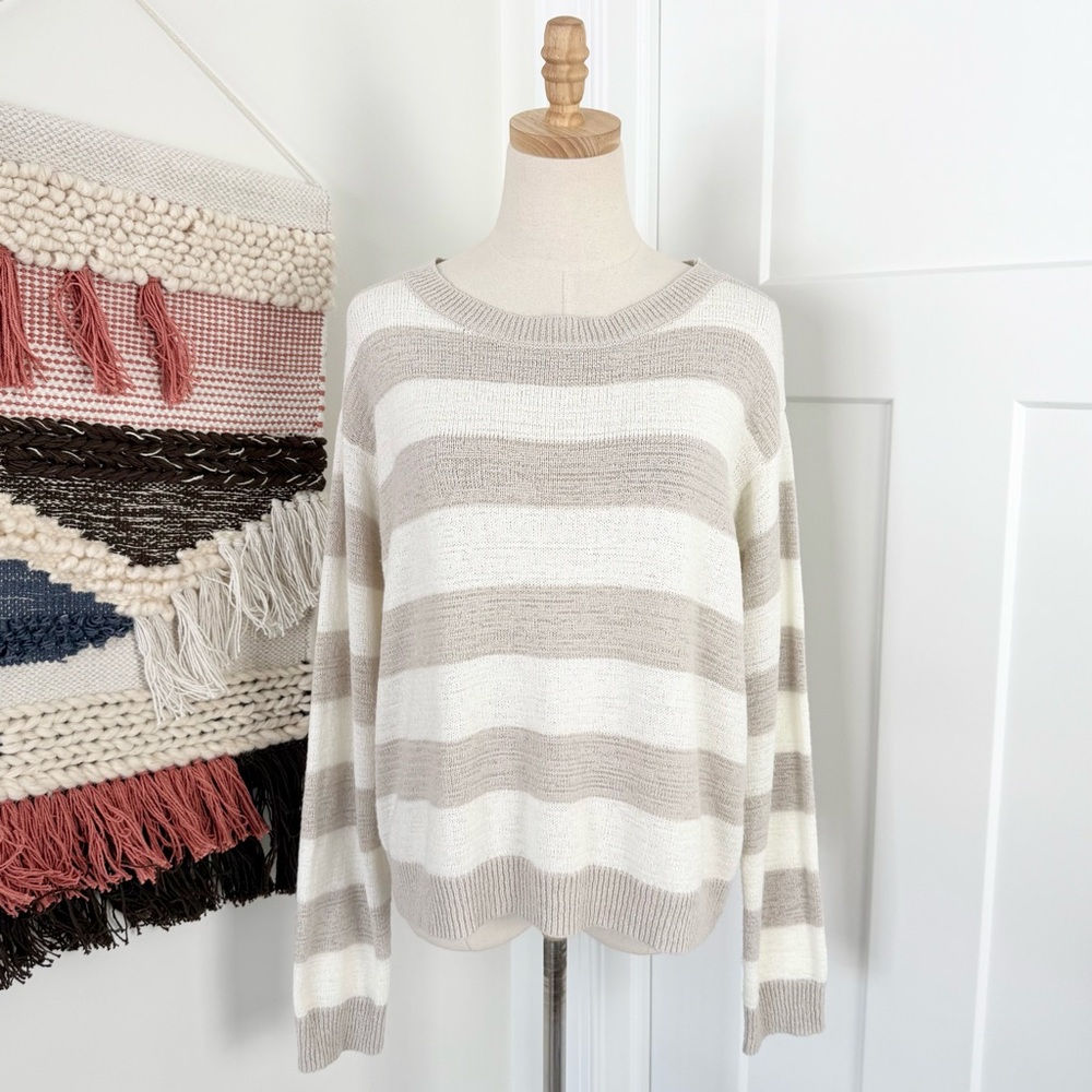Theory Tonal Stripe Lightweight Sweater Oatmeal Cream Sz L